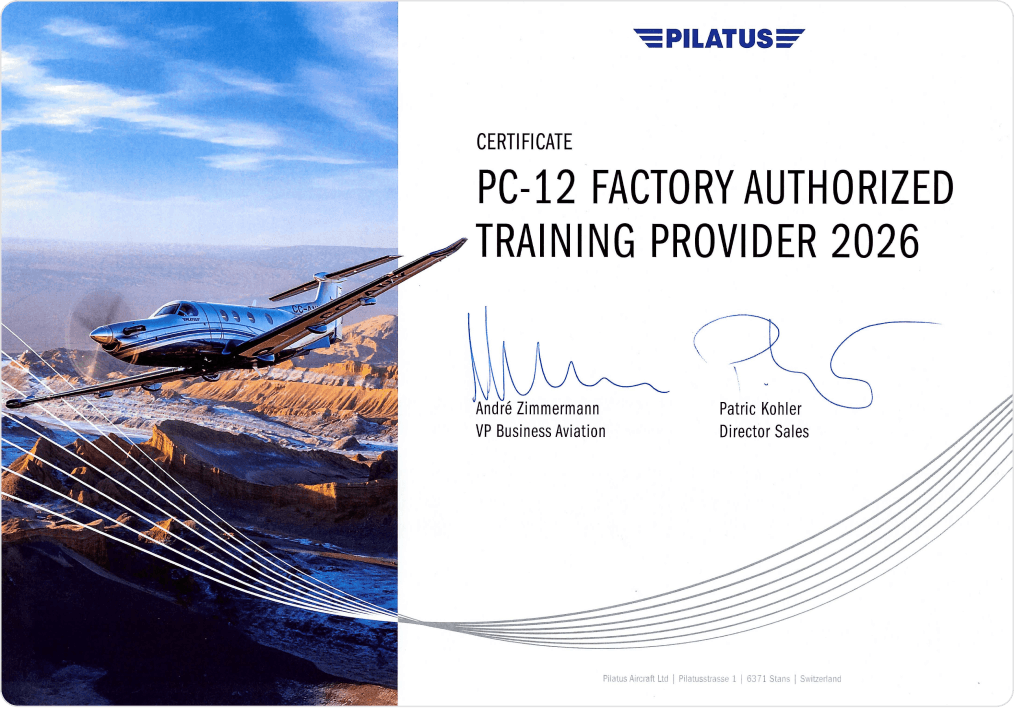 Pilatus PC-12 factory authorised training provider 2026 certificate