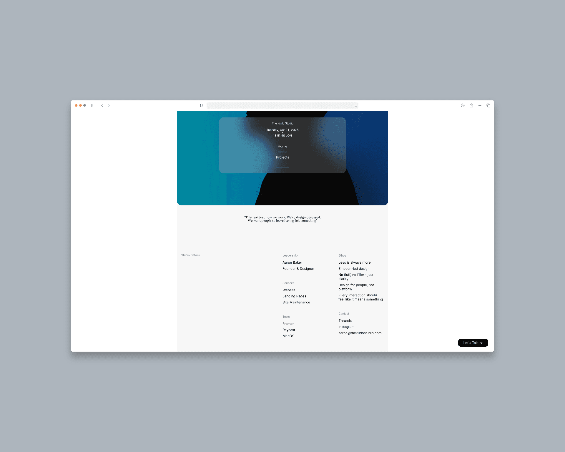 Web page mockup of The Kudo Studio minimalist website design, showcasing clean typography and a no-code web design layout.