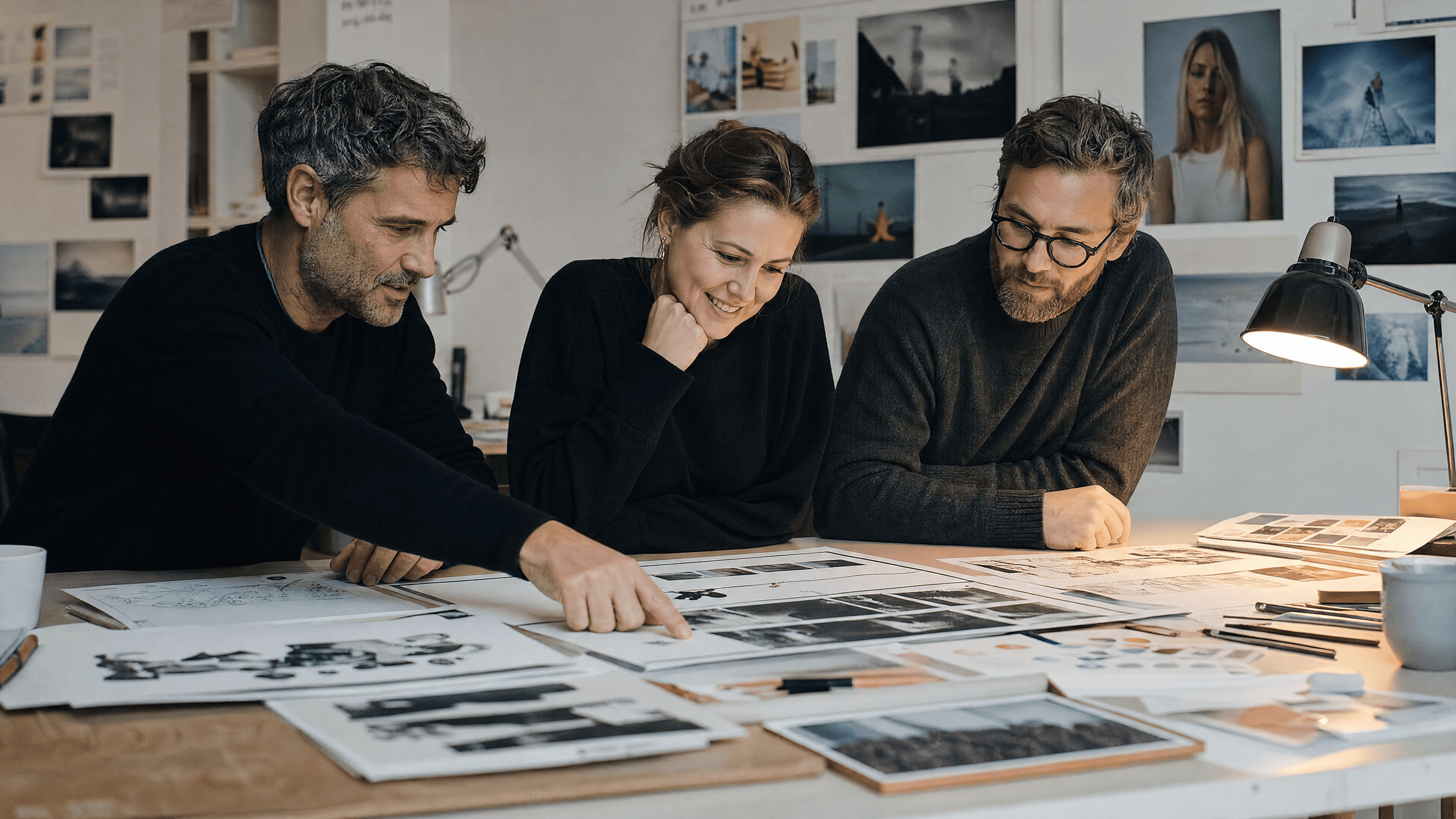 Creative team reviewing moodboards and campaign references around a studio table