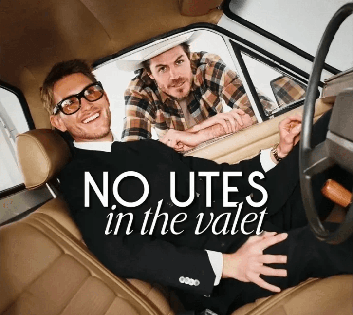 Cover art for the “No Utes in the Valet” podcast — two men leaning out of a vintage car