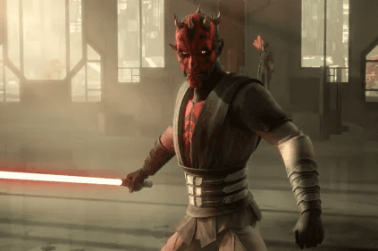 Darth Maul holding a lightsaber in the middle of a throne room