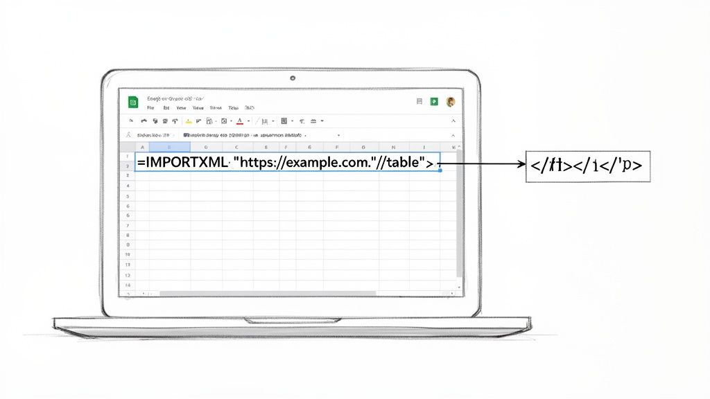 A laptop displays a Google Sheet with an IMPORTXML formula used for web scraping data from a website.