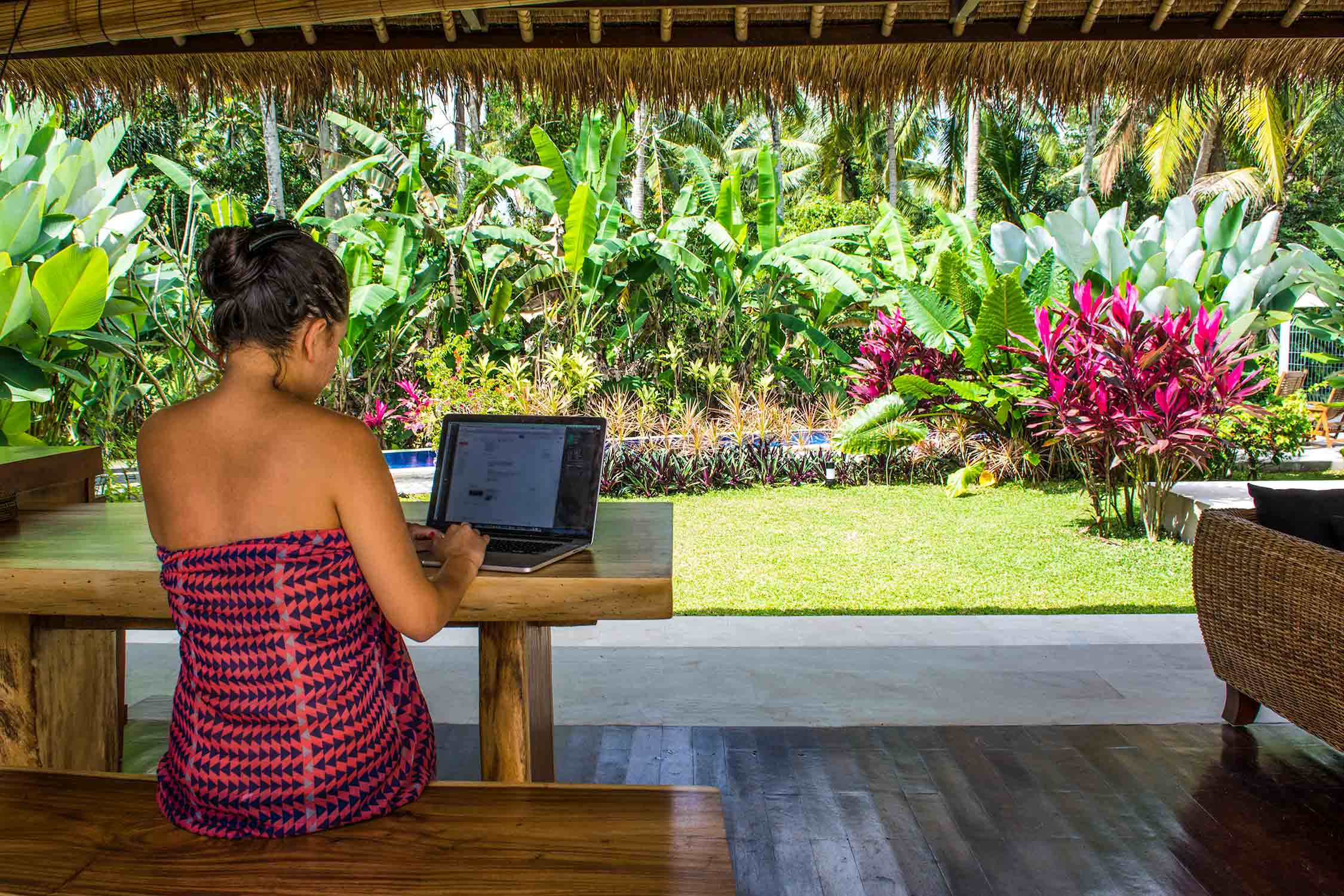 Danika working in the living room of our villa&nbsp;in Ubud, Bali