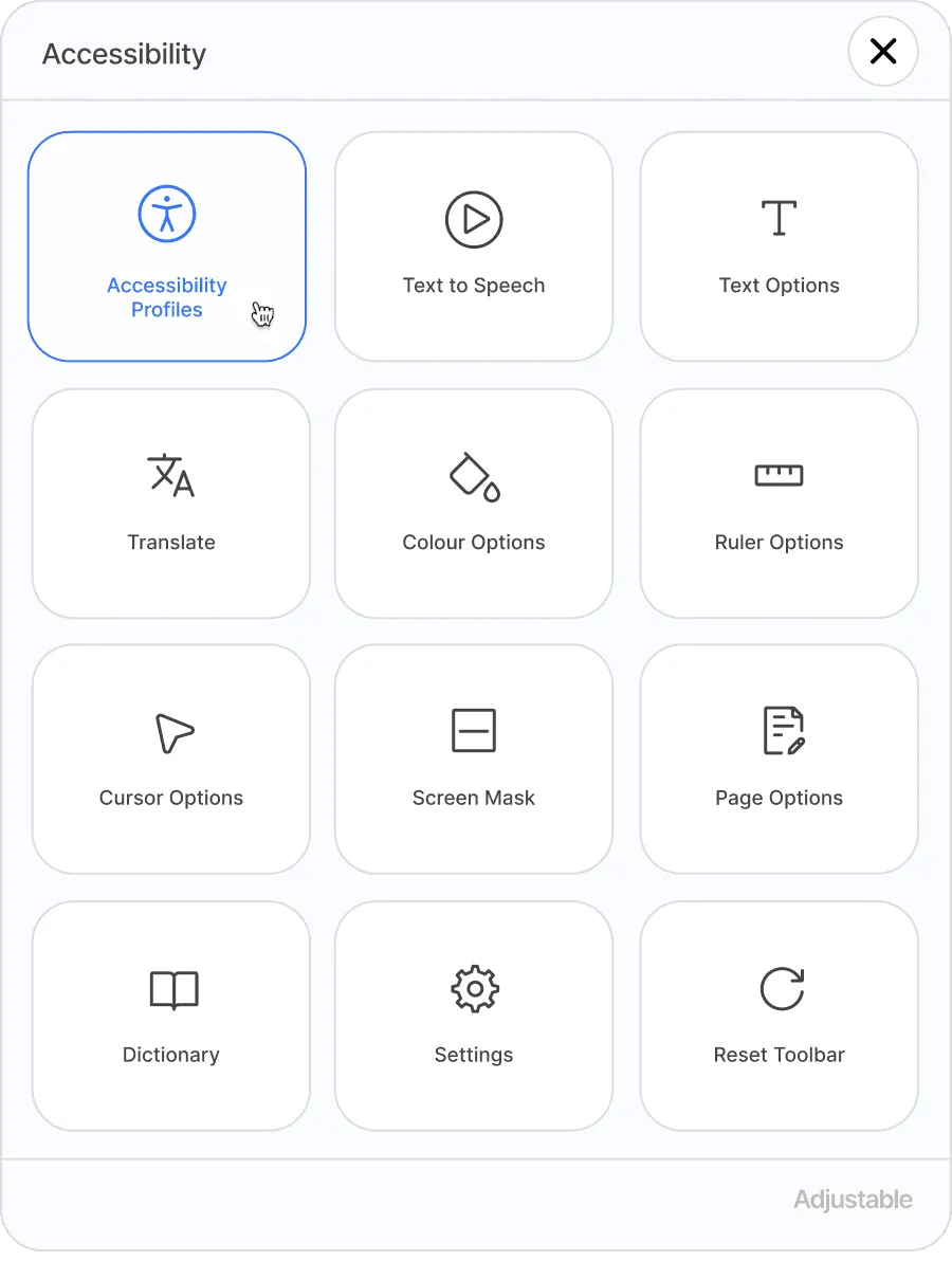 Adjustable accessibility toolbar in light mode