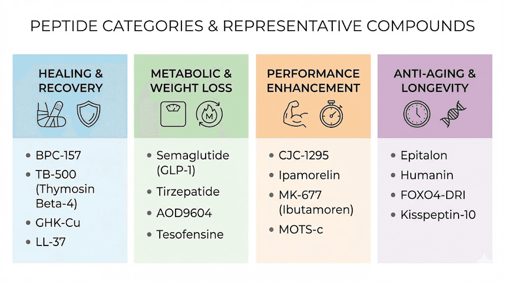 Peptide categories chart showing healing metabolic performance and anti-aging compounds