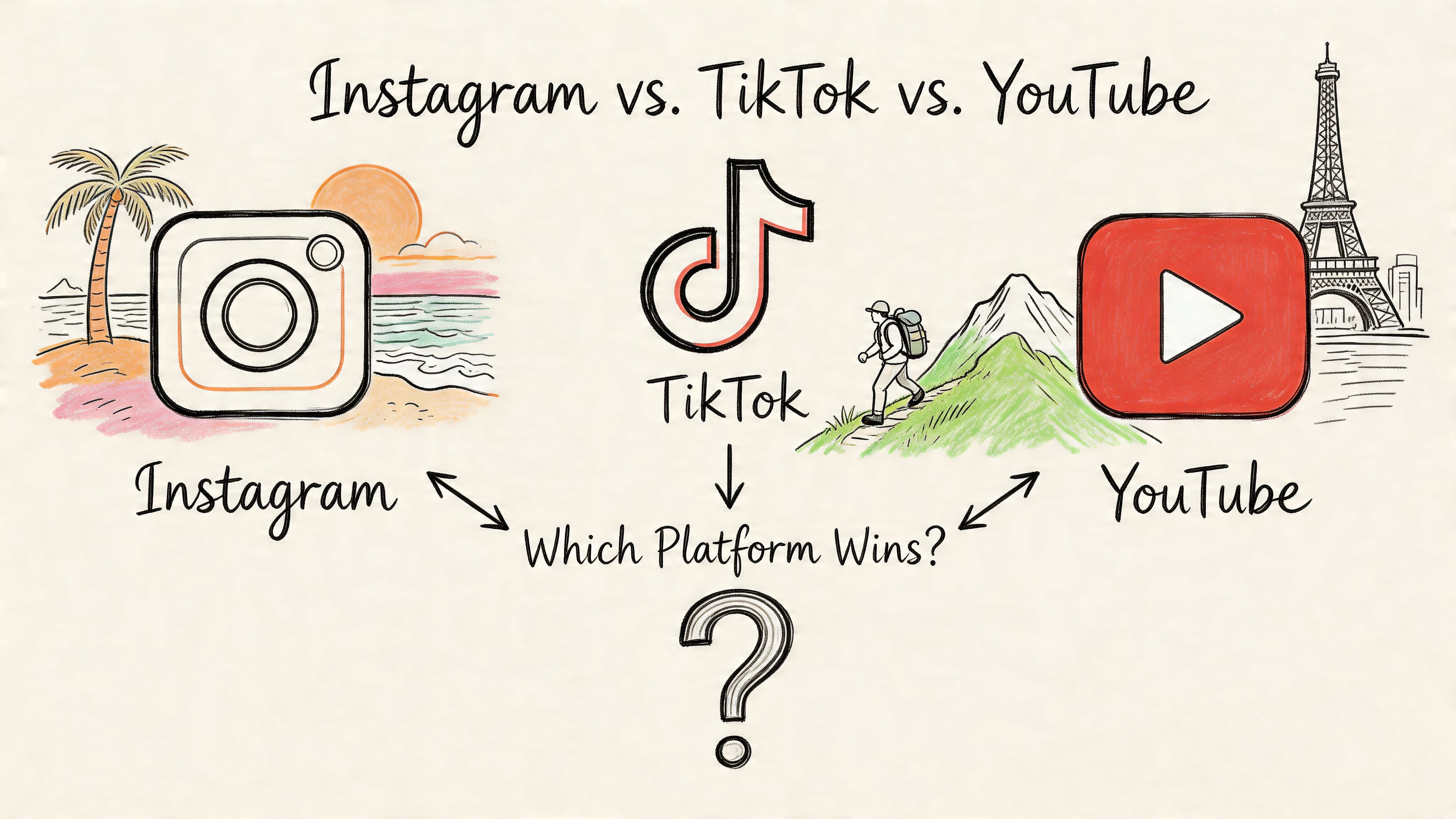 A hand-drawn illustration comparing Instagram, TikTok, and YouTube, asking which social media platform is better.
