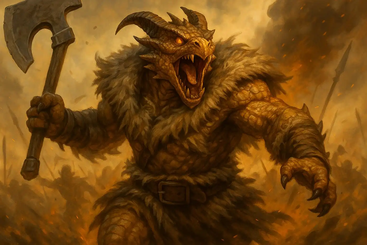 Barbare dragonborn féroce en bataille du Générateur de Personnages DnD IA