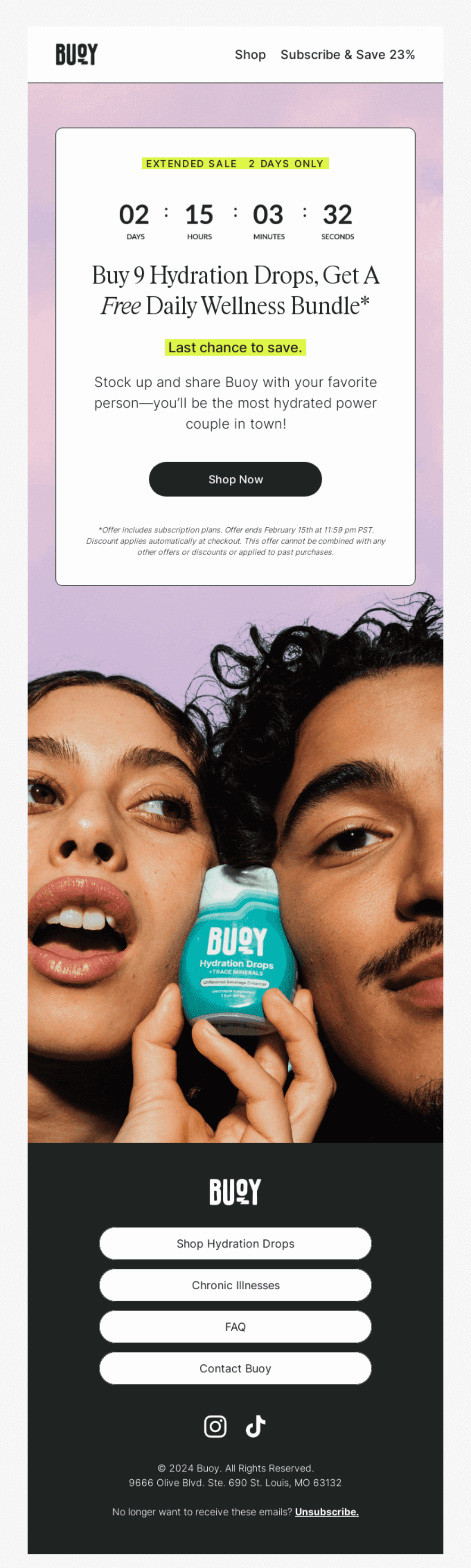 Buoy Countdown Email: "Buoy email promoting an extended sale with a countdown timer, offering a free daily wellness bundle with a purchase of nine hydration drops, and a call-to-action button 'Shop Now.'"