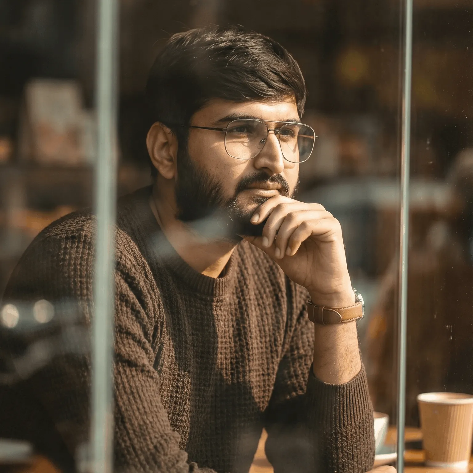 Portrait of Mayank Desai, UI/UX Designer, sitting by a café window in thoughtful pose, symbolizing creative design thinking and reflection.