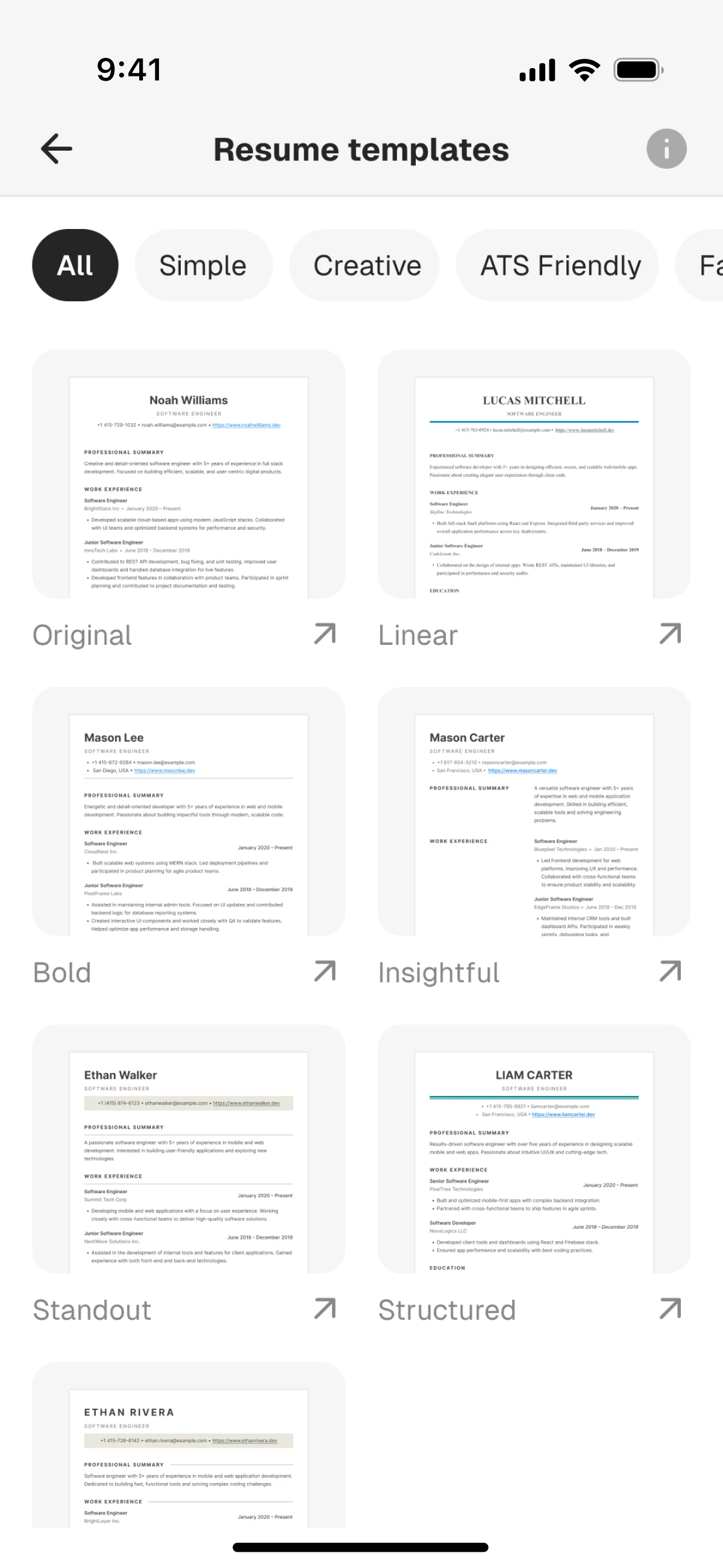 ResumeIT app displaying resume template gallery with filters like Simple, Creative, ATS-Friendly