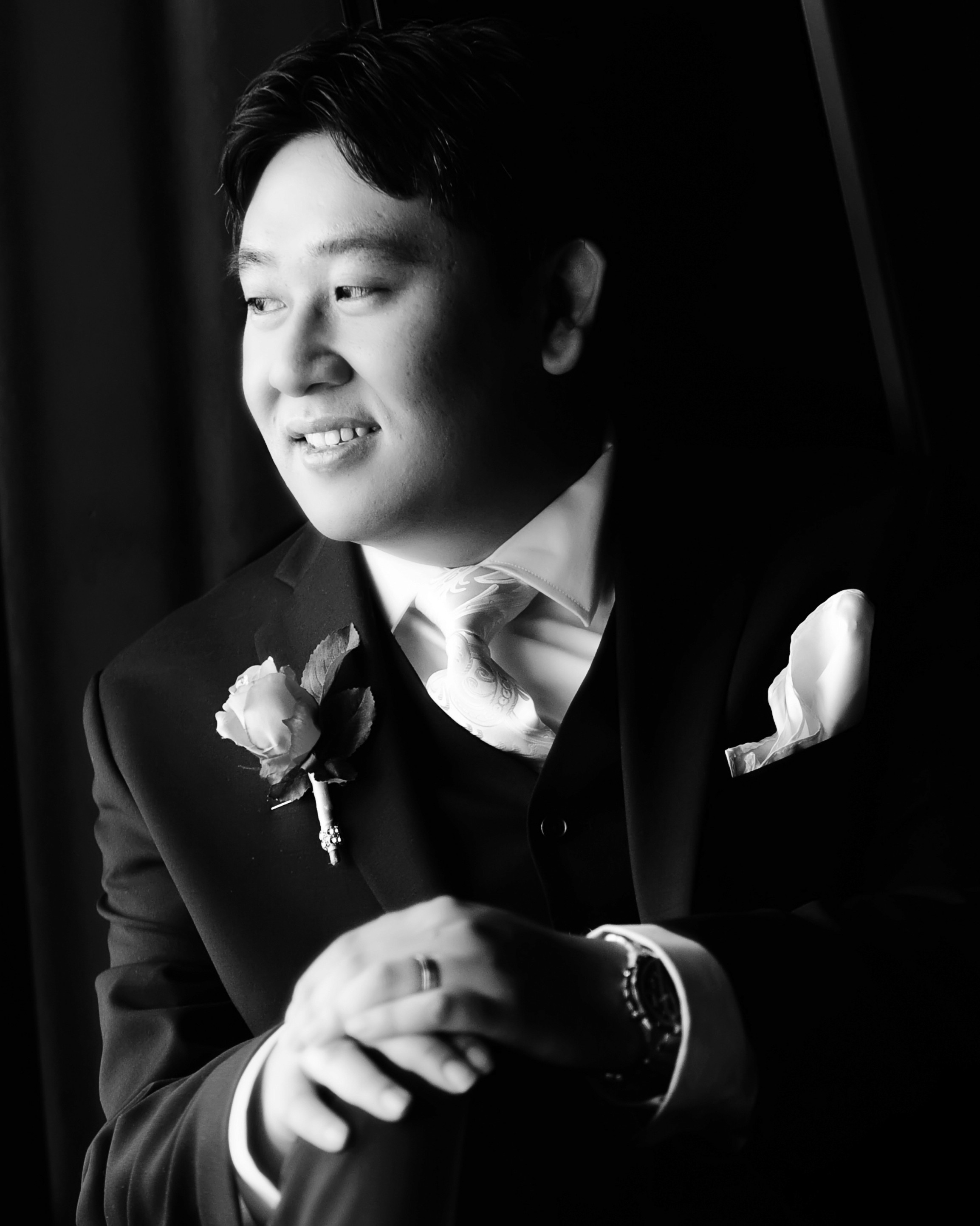 Asian groom in black and white portrait — wedding photographer Gwinnett County GA