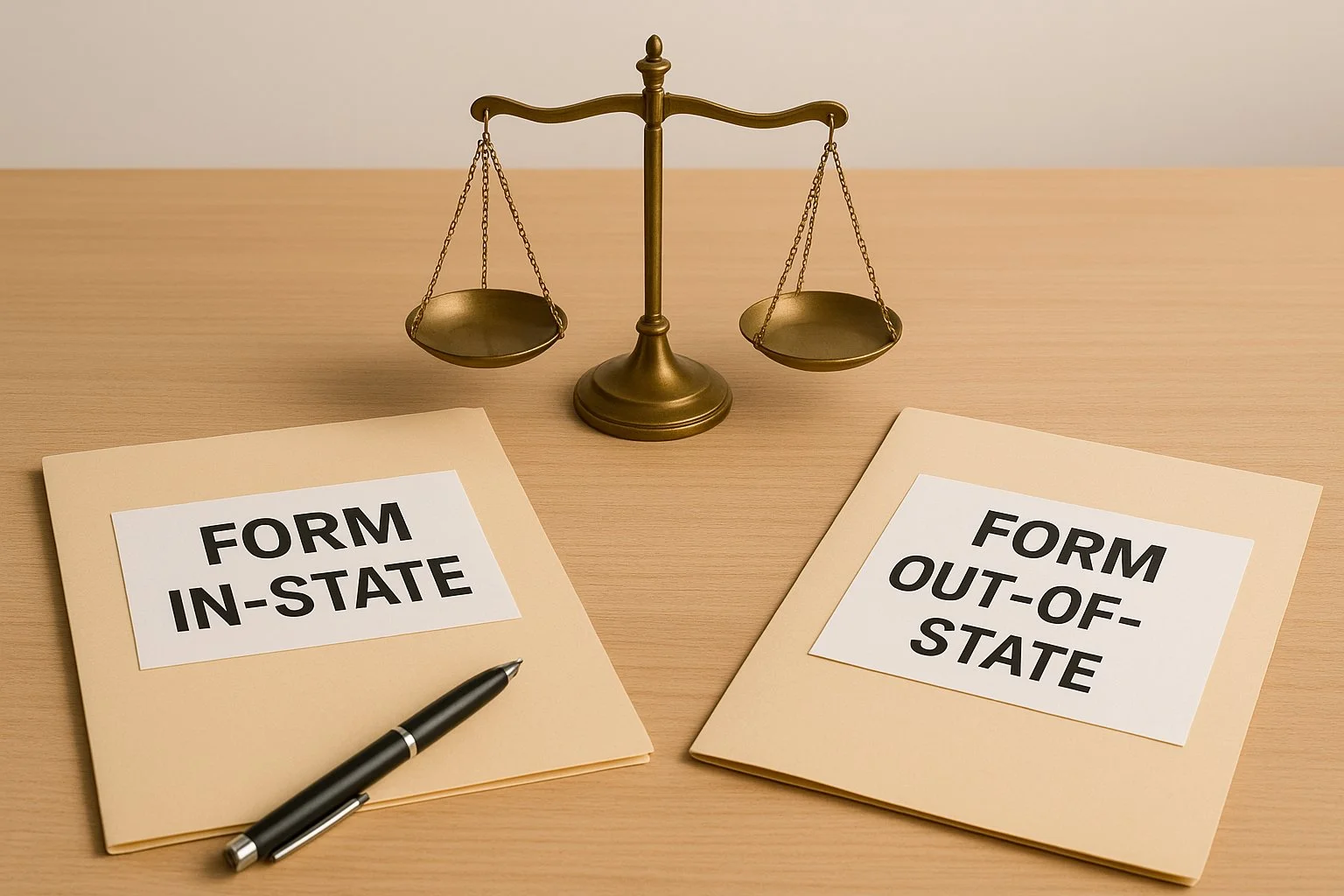 Desk scene showing two folders labeled “Form In-State” and “Form Out-of-State” with a weighing scale between them, symbolizing a business formation decision.
