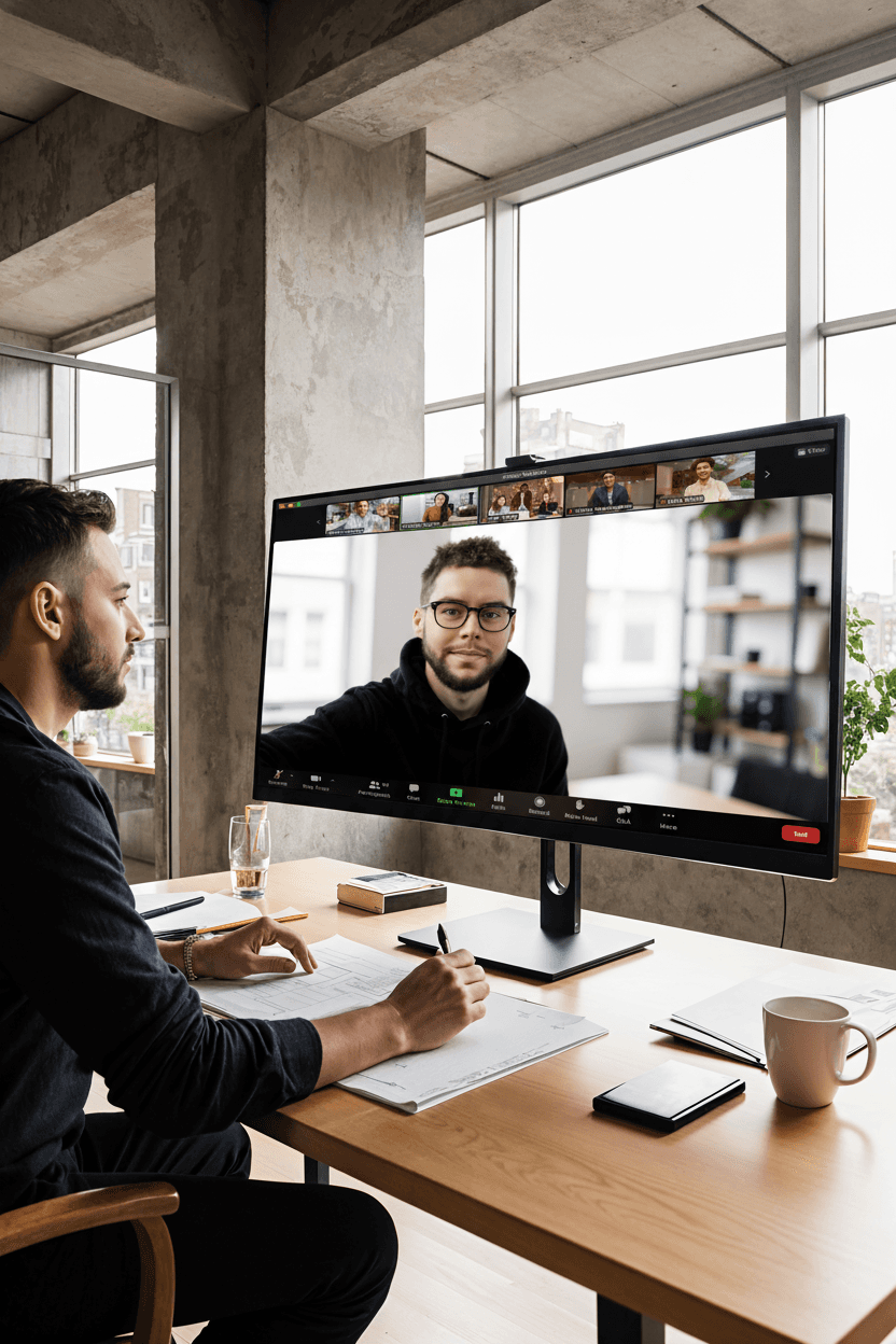 Architect and client on a video call in a modern concrete-and-wood office, reviewing project goals and analytics on a large display with natural daylight and warm tones.