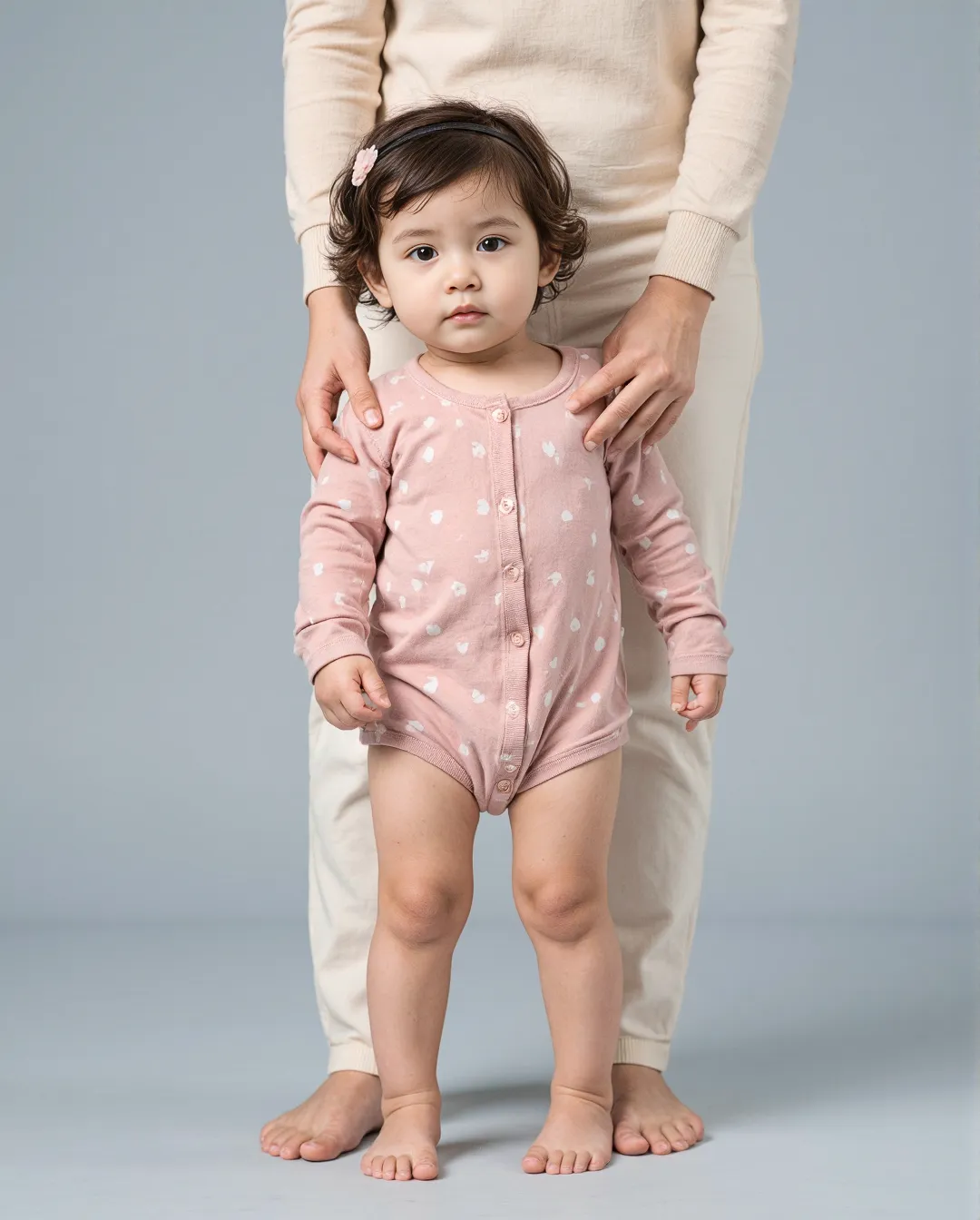 Child wearing pink patterned onesie standing against light blue background in professional catalogue-style photography