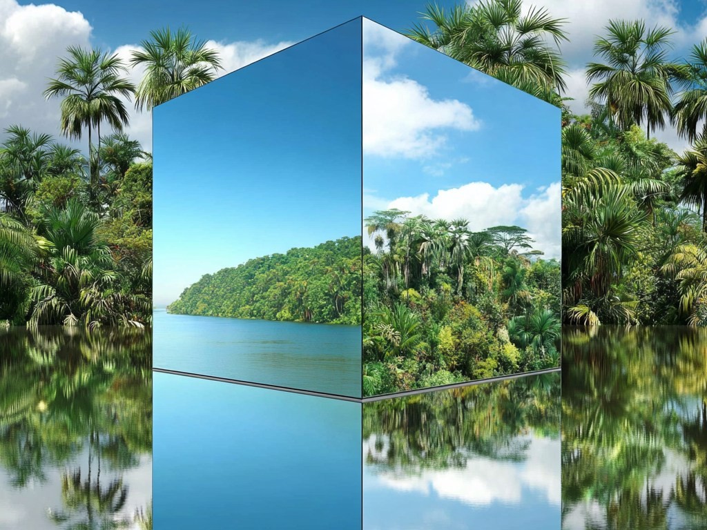 Mirrored cube reflecting a tropical river