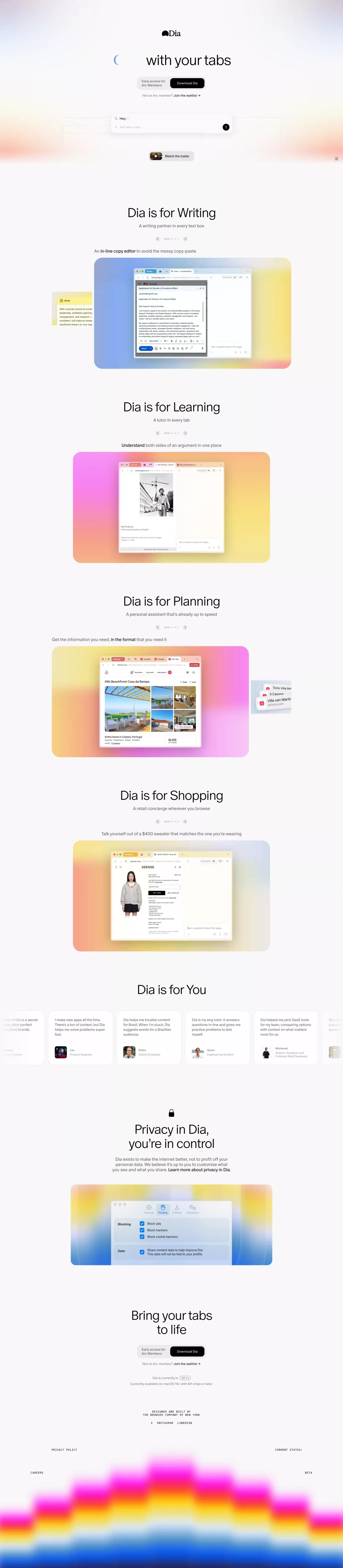 Meet Dia – the AI Browser Where You Can landing page screenshot showcasing Tech and Writing design