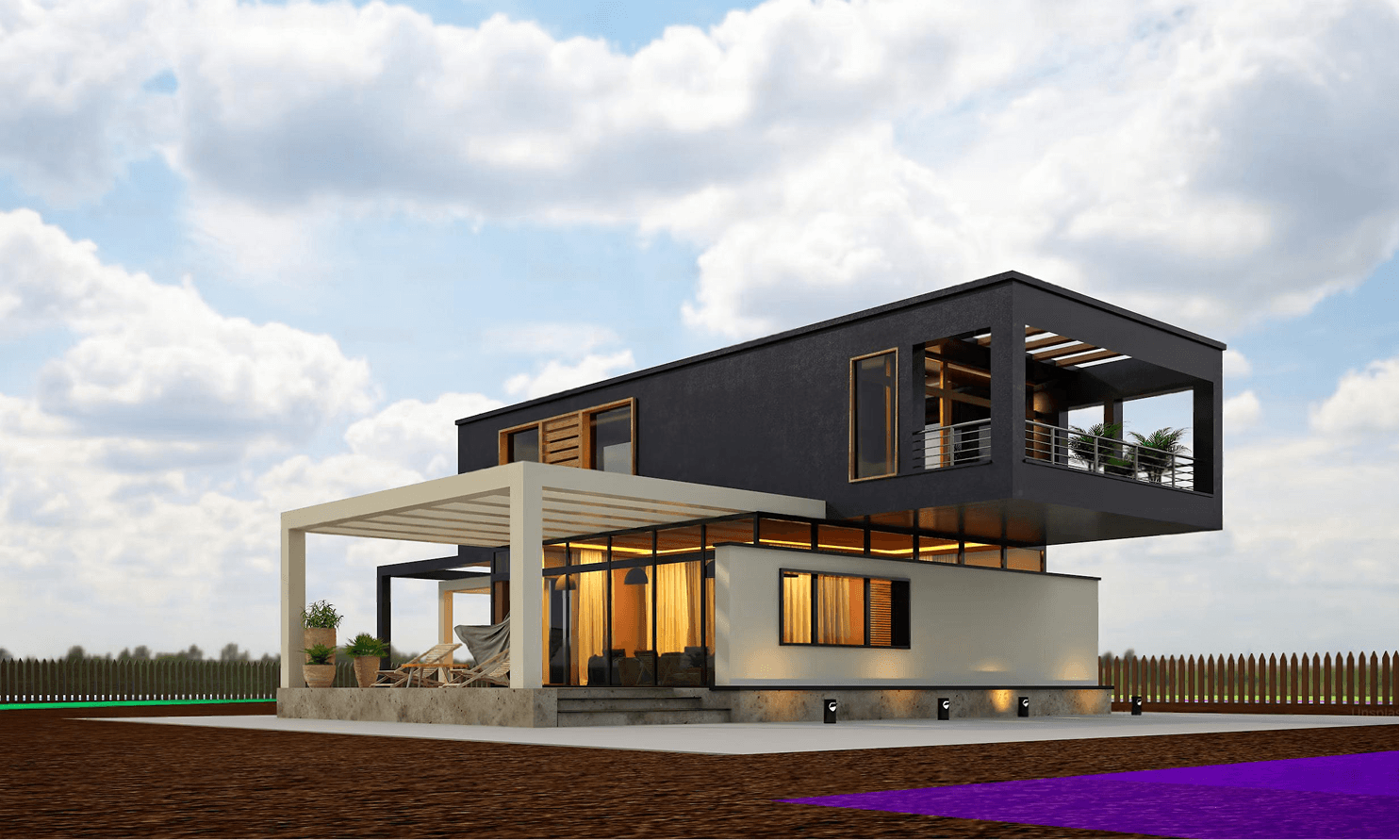 Modern white domed house on a grassy hill under storm clouds.