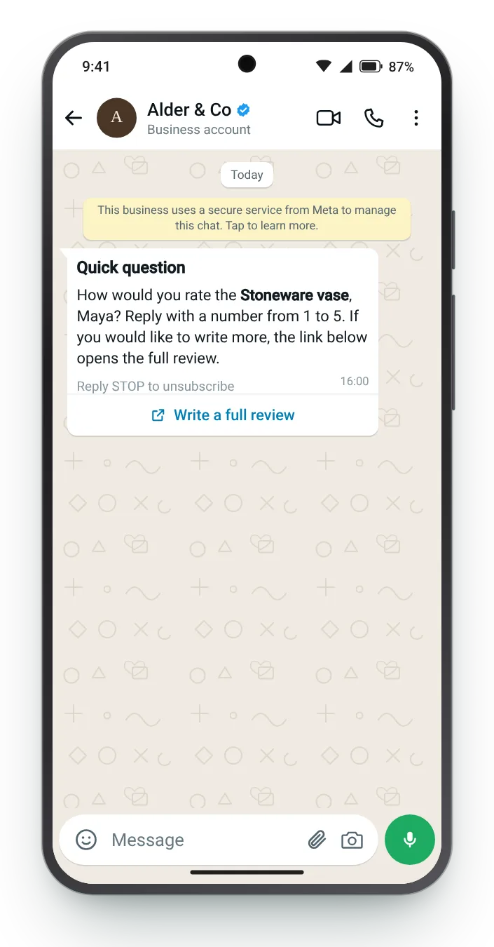 Rate by replying with a number: WhatsApp review request on an Android phone