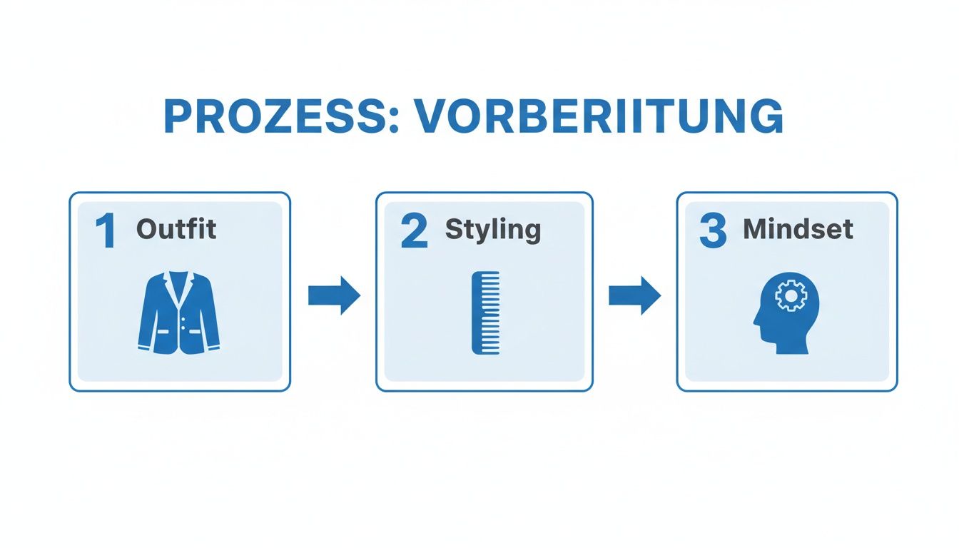 Diagramm zeigt den Vorbereitungsprozess in drei Schritten: Outfit (Jacke), Styling (Kamm) und Mindset (Kopf mit Zahnrad).