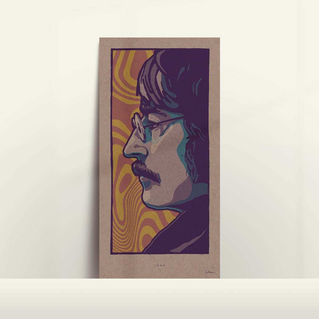 Illustration of John Lennon of The Beatles in 1967 around the time of Sgt Peppers | Iconic illustrated art prints by Liam Devereux