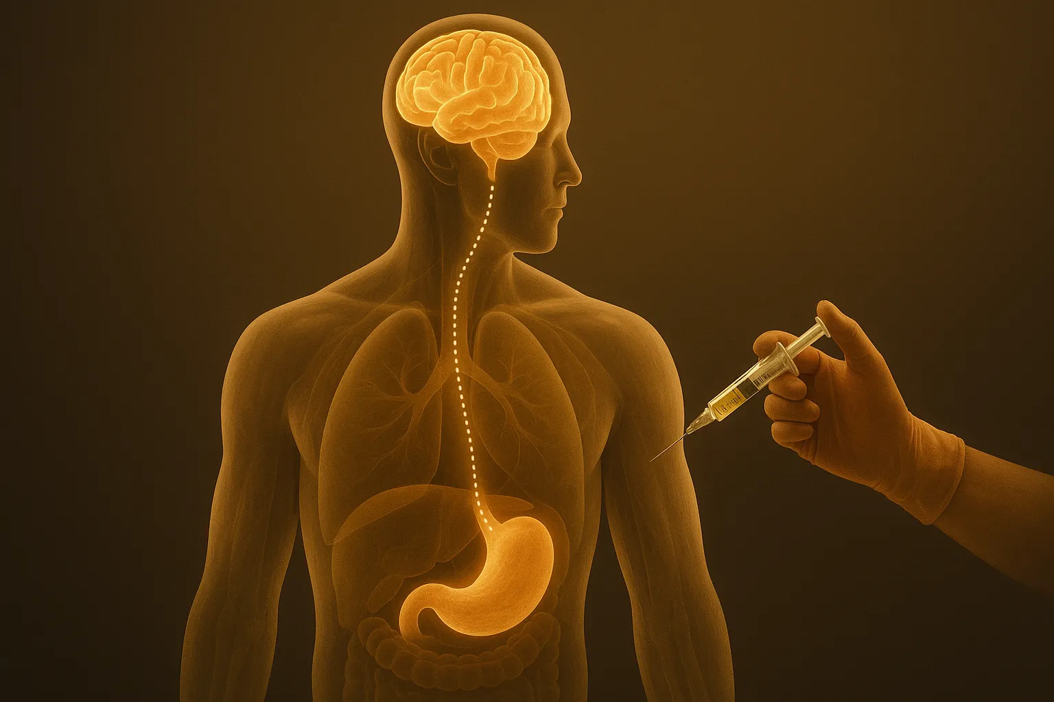 (GHRP) - Semi-transparent male torso with glowing brain and stomach, syringe injecting peptide into shoulder along a dotted pathway