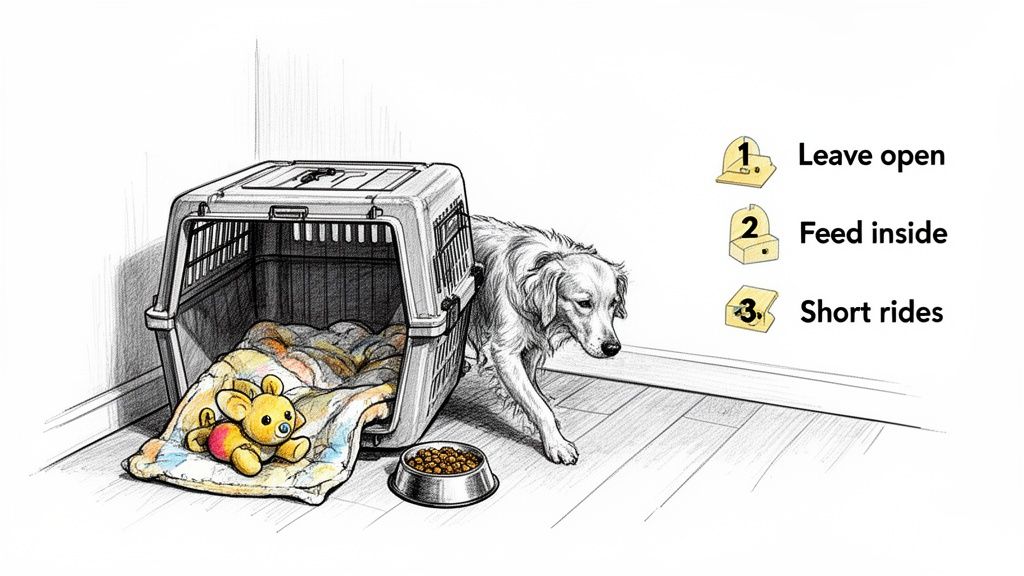 An illustration of a dog crate with a golden retriever, food, and tips for crate training.