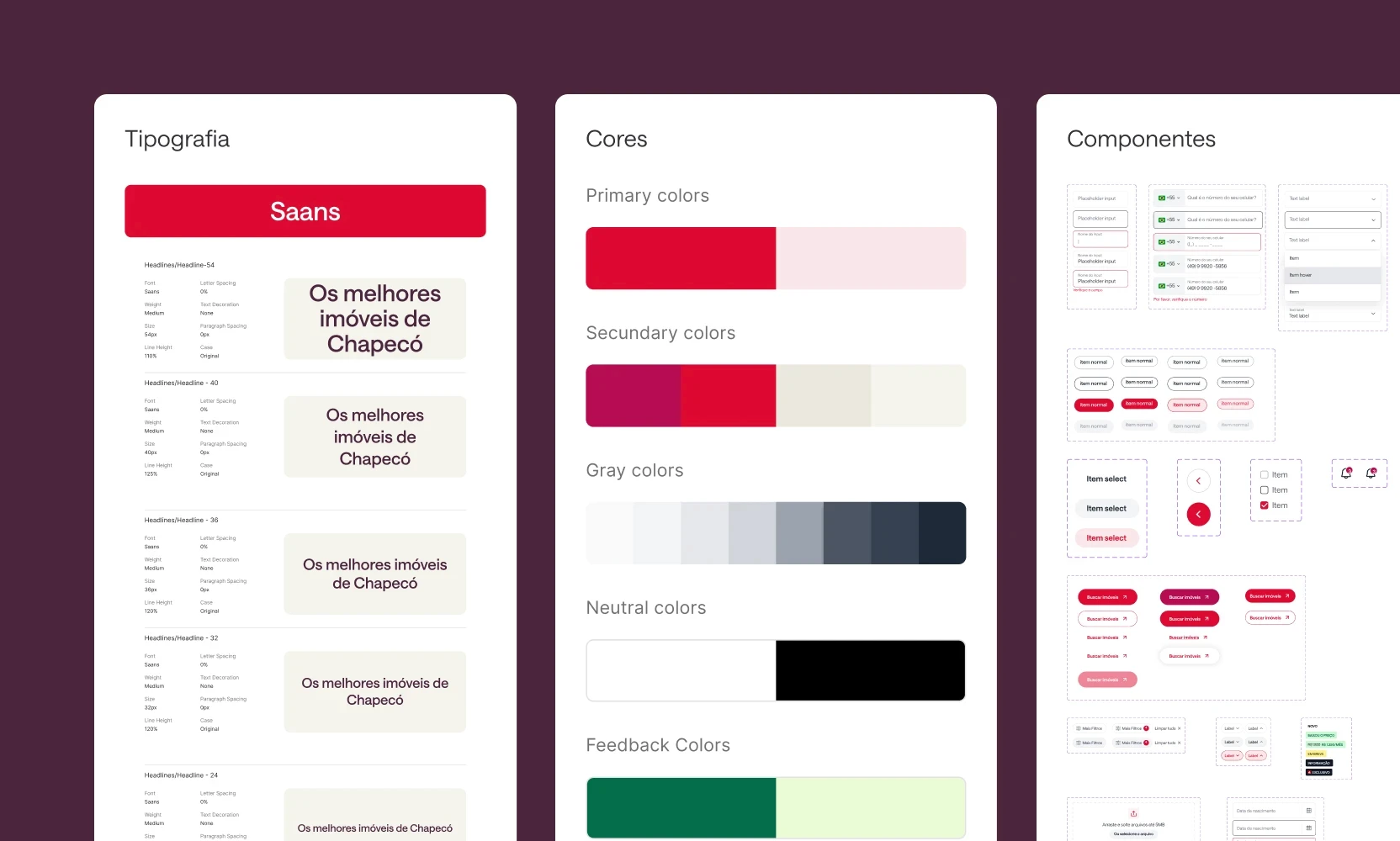 Sistema de design criado para a Santa Maria Imóveis — documentação com tipografia, paleta de cores primárias e secundárias e biblioteca de componentes de interface.