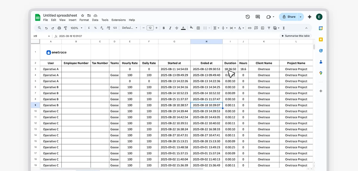 onetrace-spreadsheets