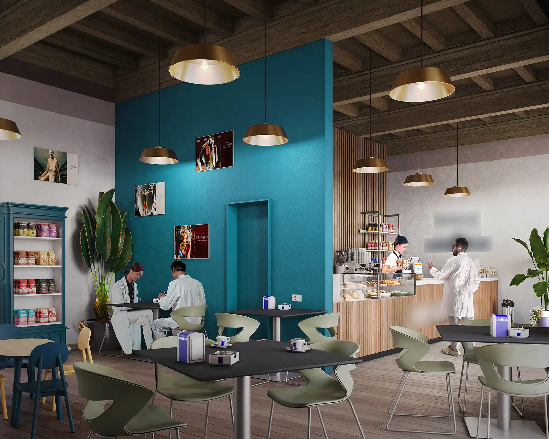 Cozy café with exposed wooden beam ceiling, service counter, and customers in white coats. Warm contemporary hospitality interior design.