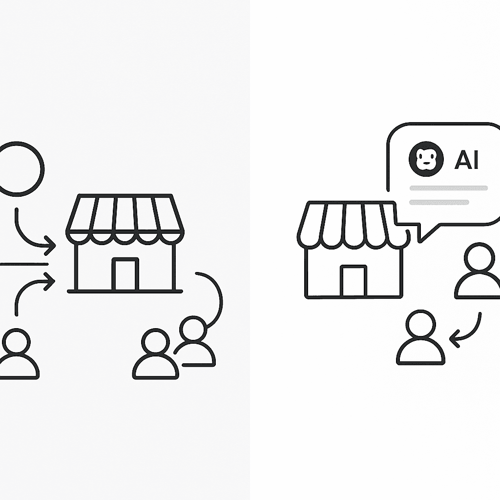 Side-by-side visual of SEO click funnel versus AI citation pathway for Los Angeles SMBs