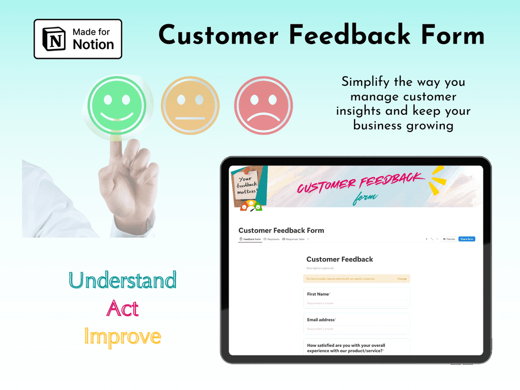 Tablet screen showing a Notion-based Customer Feedback Form with colorful smiley icons, designed to collect insights and improve business decisions
