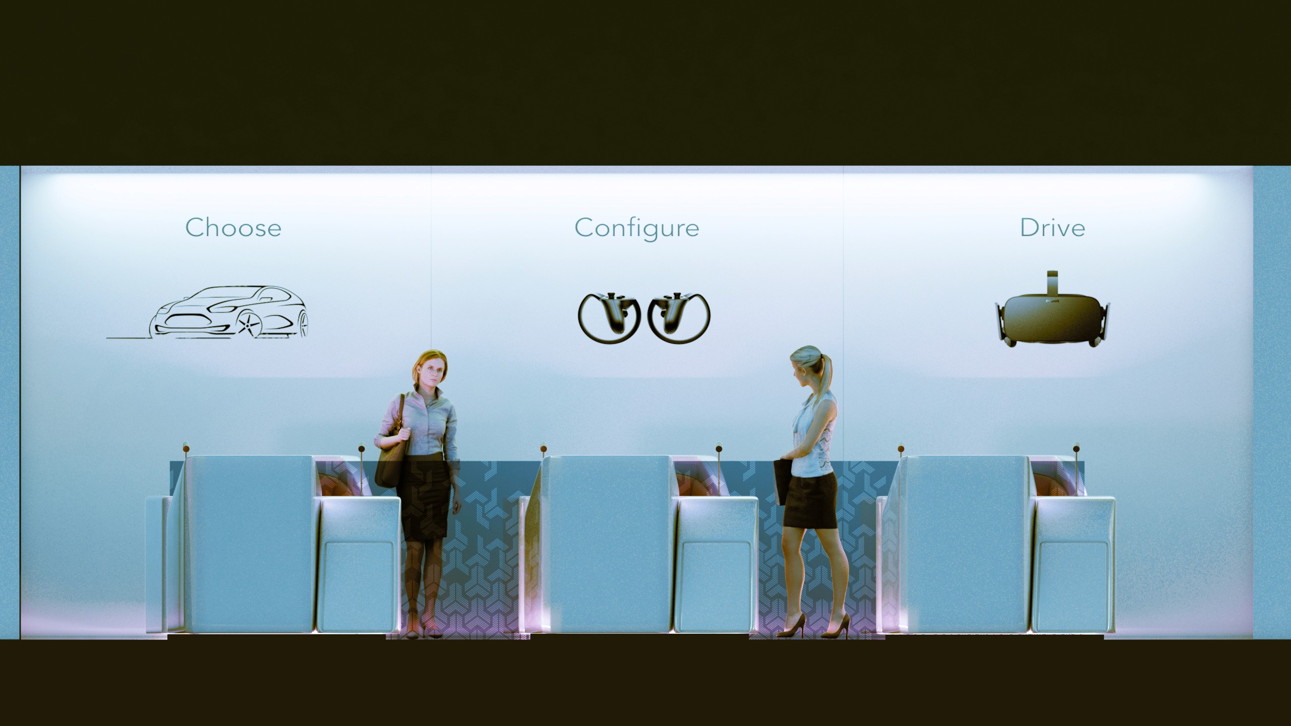 Two people interact with futuristic car configurator kiosks under signage illustrating steps to "Choose," "Configure," and "Drive" against a sleek, illuminated backdrop.
