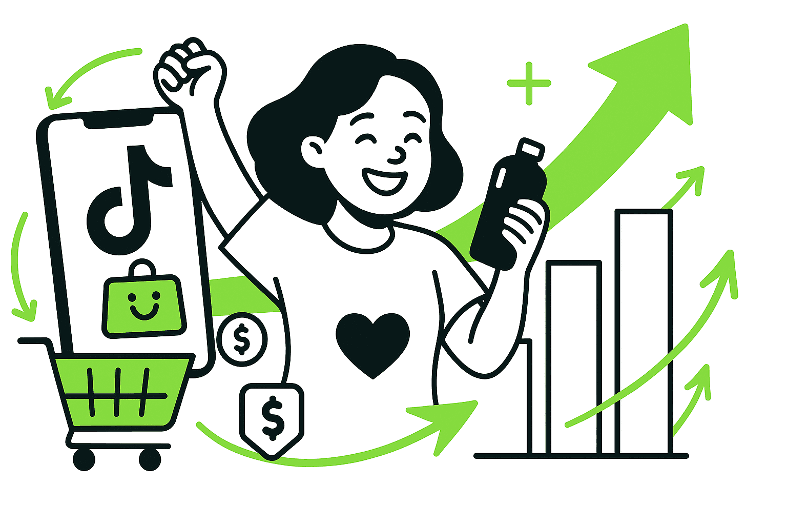 A graphic illustration of an e-commerce buyer celebrates a shopping success with a phone and a growth graph in a vibrant green theme.