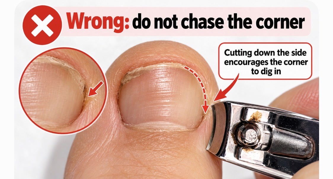 Toenail being trimmed down the side with clippers, marked with a red cross: cutting down the side encourages the corner to dig in.