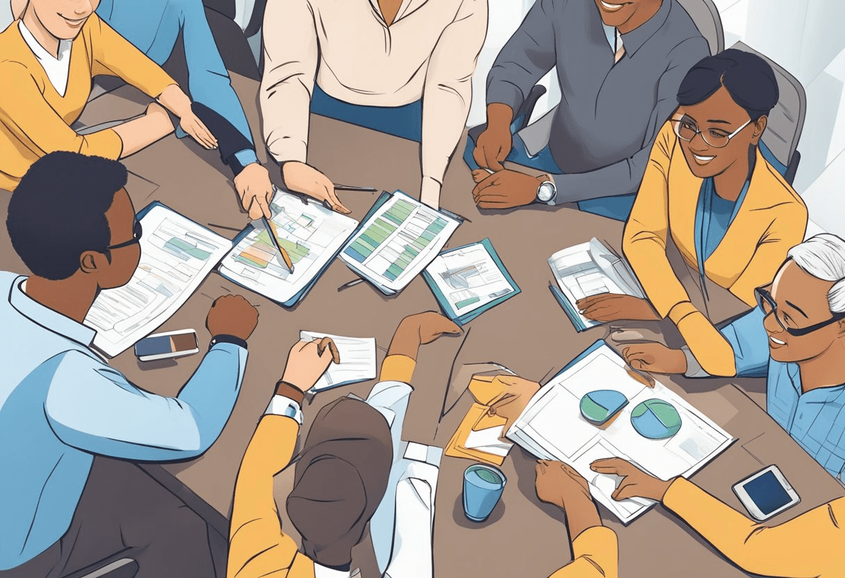 A diverse group of employees engaging in team-building activities, mentorship programs, and professional development workshops to promote retention and organizational stability