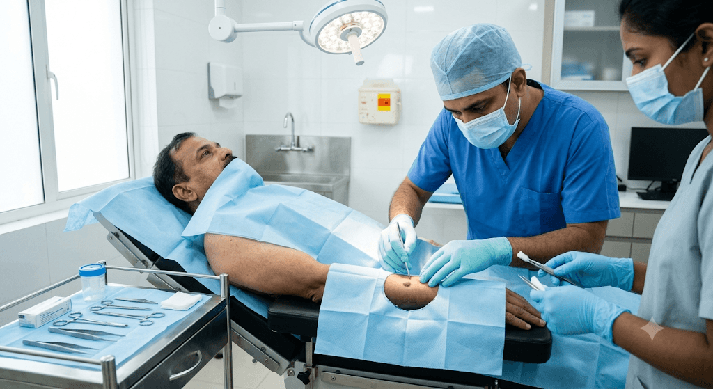 A medium shot in a sterile minor procedure room. An Indian patient is reclined and draped. The dermatologist performs the mole excision with meticulous care. The environment is spotless, professional, and well-lit with surgical lighting.