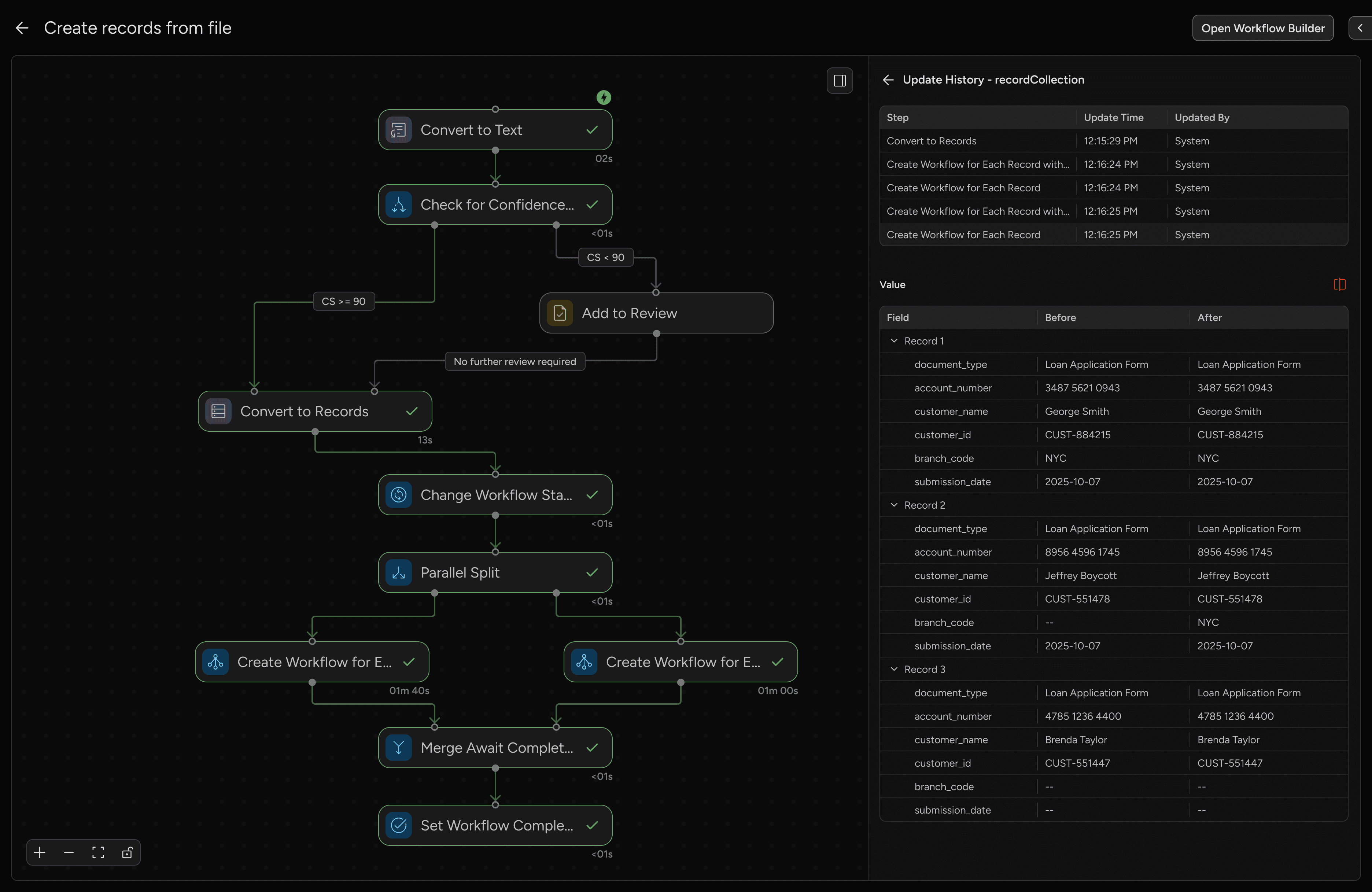 Workflow UI showing update history with before-and-after record values