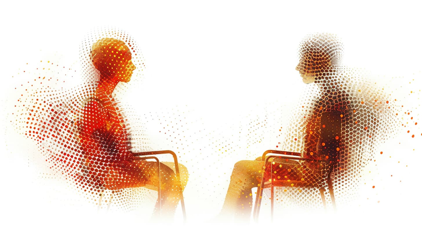 zwei personen sitzen sich gegenüber, künstlerische darstellung, orange, rot