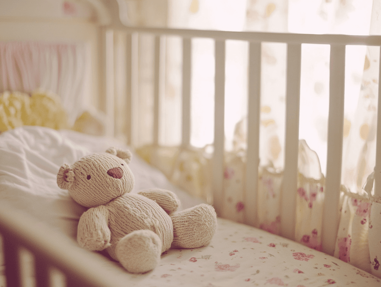 A teddy bear Lovey in a baby crib