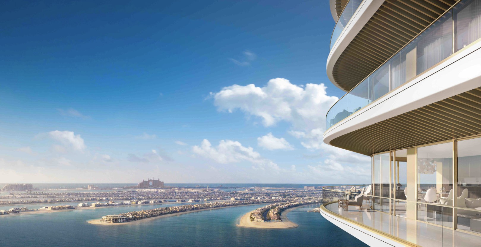 Das Bild zeigt den Grand Bleu Tower mit Blick auf die Dubai Marina und das Panorama des Jumeirah Beach. Im Vordergrund sind die Sandstrände zu sehen, während die beeindruckende Skyline von Dubai und das Burj Al Arab im Hintergrund eine luxuriöse Kulisse schaffen.