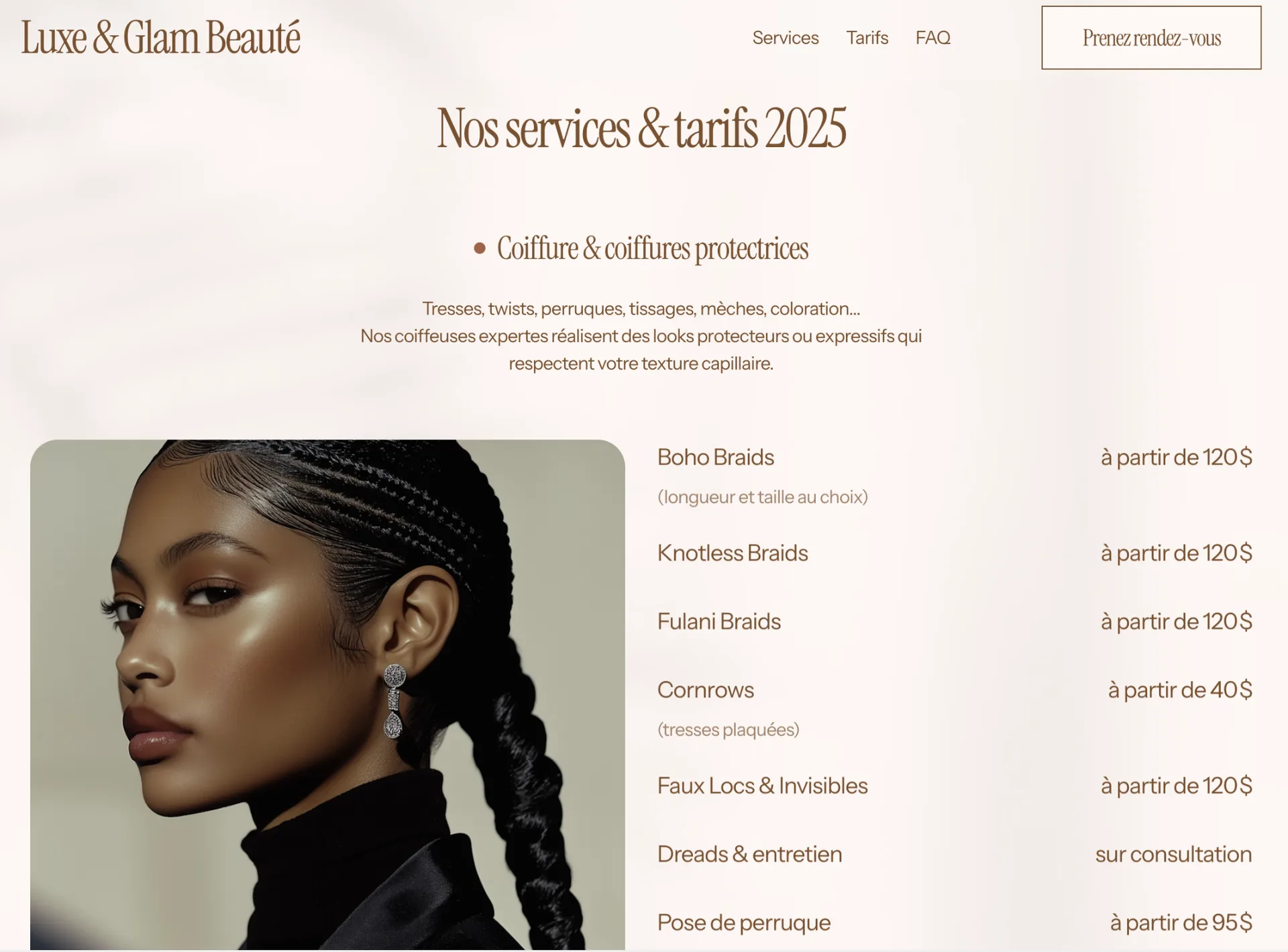 Services capillaires et tarifs d’un salon de beauté afro-luxueux, design web réalisé par B503 Studio pour Lush & Glam Beauté.