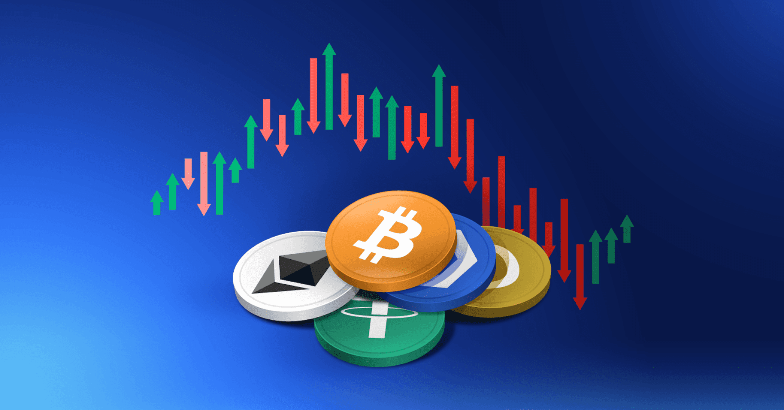 Cryptocurrency coins with market trend arrows -  Onchain vs Offchain 