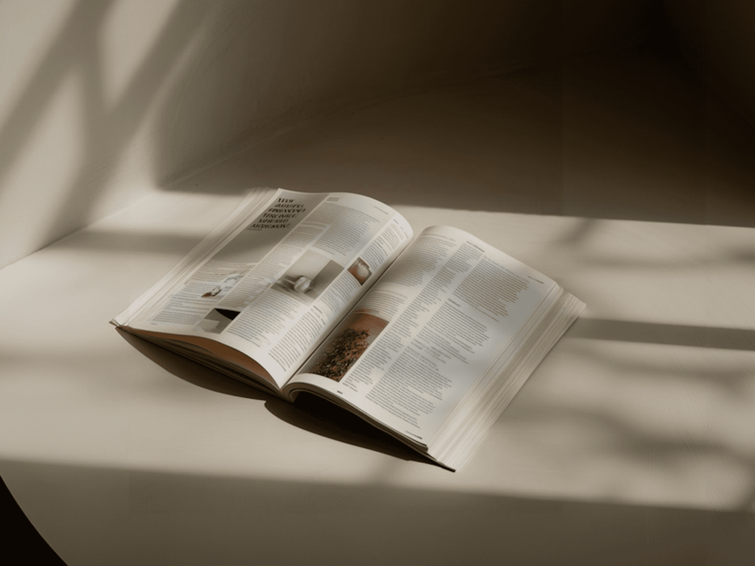 Open book with sunlight and shadows highlighting editorial typography design