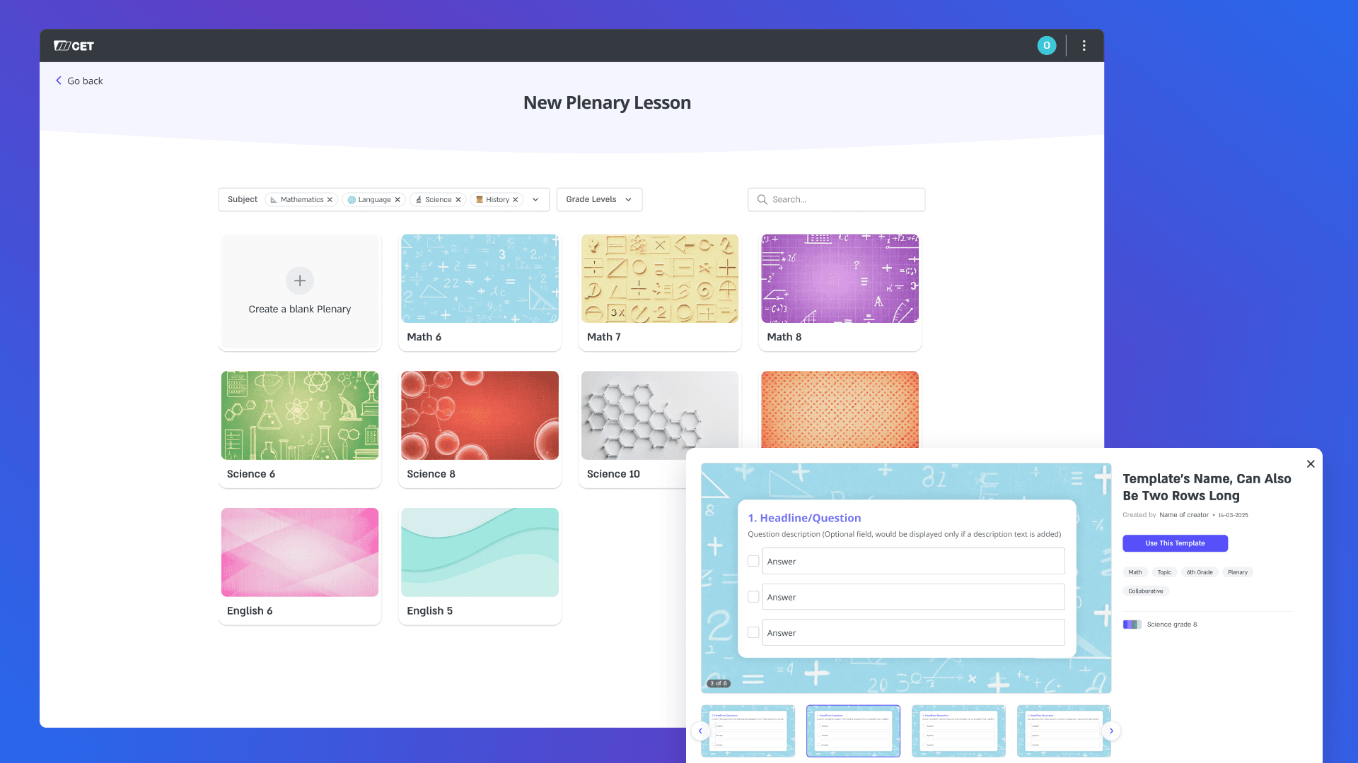 Template selection screen for creating plenary lessons with live preview.