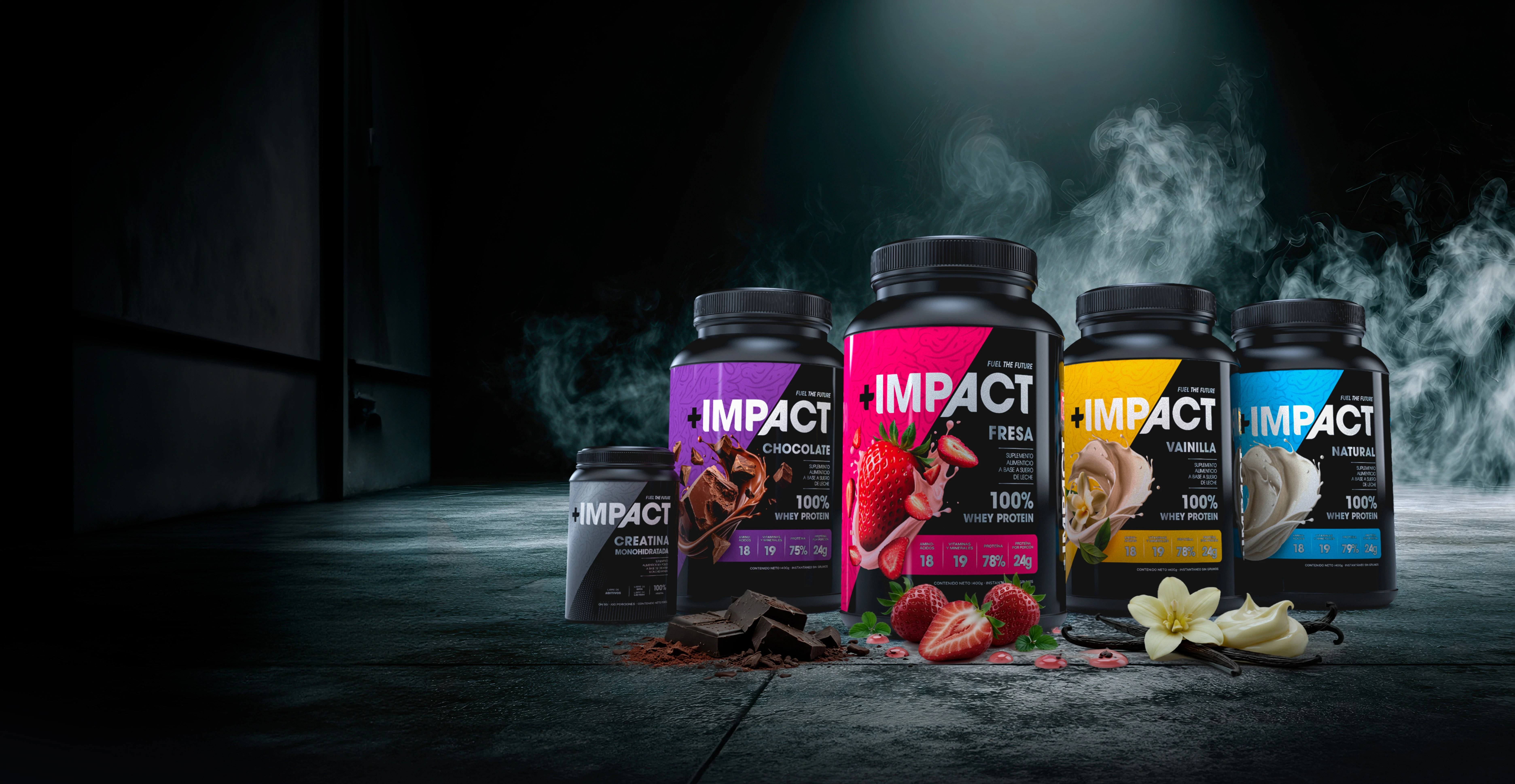 Five containers of +Impact protein powder in chocolate, strawberry, vanilla, and neutral flavors are displayed on a dark, smoky background with dramatic lighting.
