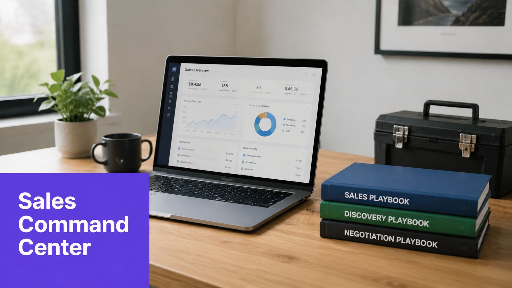 A laptop displaying sales analytics dashboard on a desk with books and a toolbox for sales enablement.