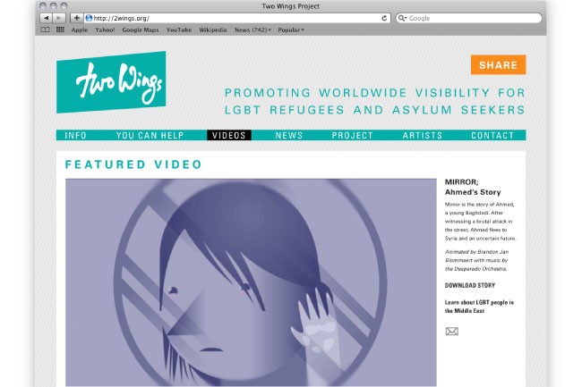 A screenshot of the Two Wings Project website shows a teal logo with the project name in white text. Below it, a navigation bar includes tabs for "INFO," "YOU CAN HELP," "VIDEOS," "NEWS," "PROJECT," "ARTISTS," and "CONTACT." A featured video titled "MIRROR: Ahmed’s Story" displays a stylized graphic of a person with dark hair and a hand covering their face against a gray background. A sidebar on the right provides additional information about the video, including its title, description, and download link. The website also shows standard browser controls like address bar, navigation buttons, and search bar.