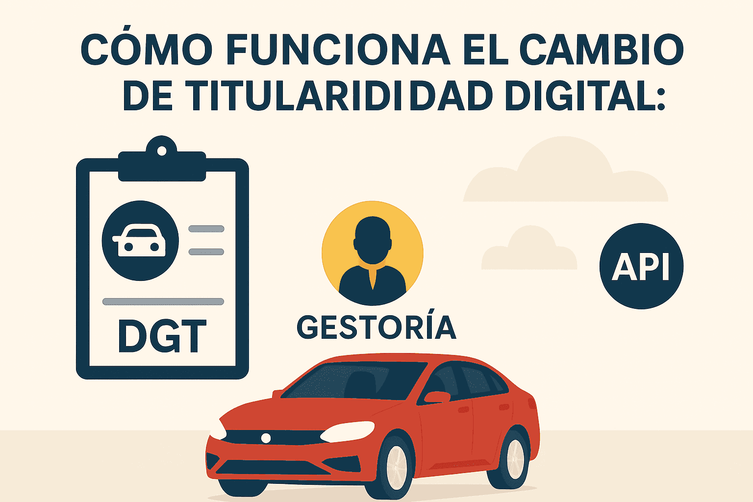 Digital vehicle ownership transfer process: DGT, Gestoría, API, car.