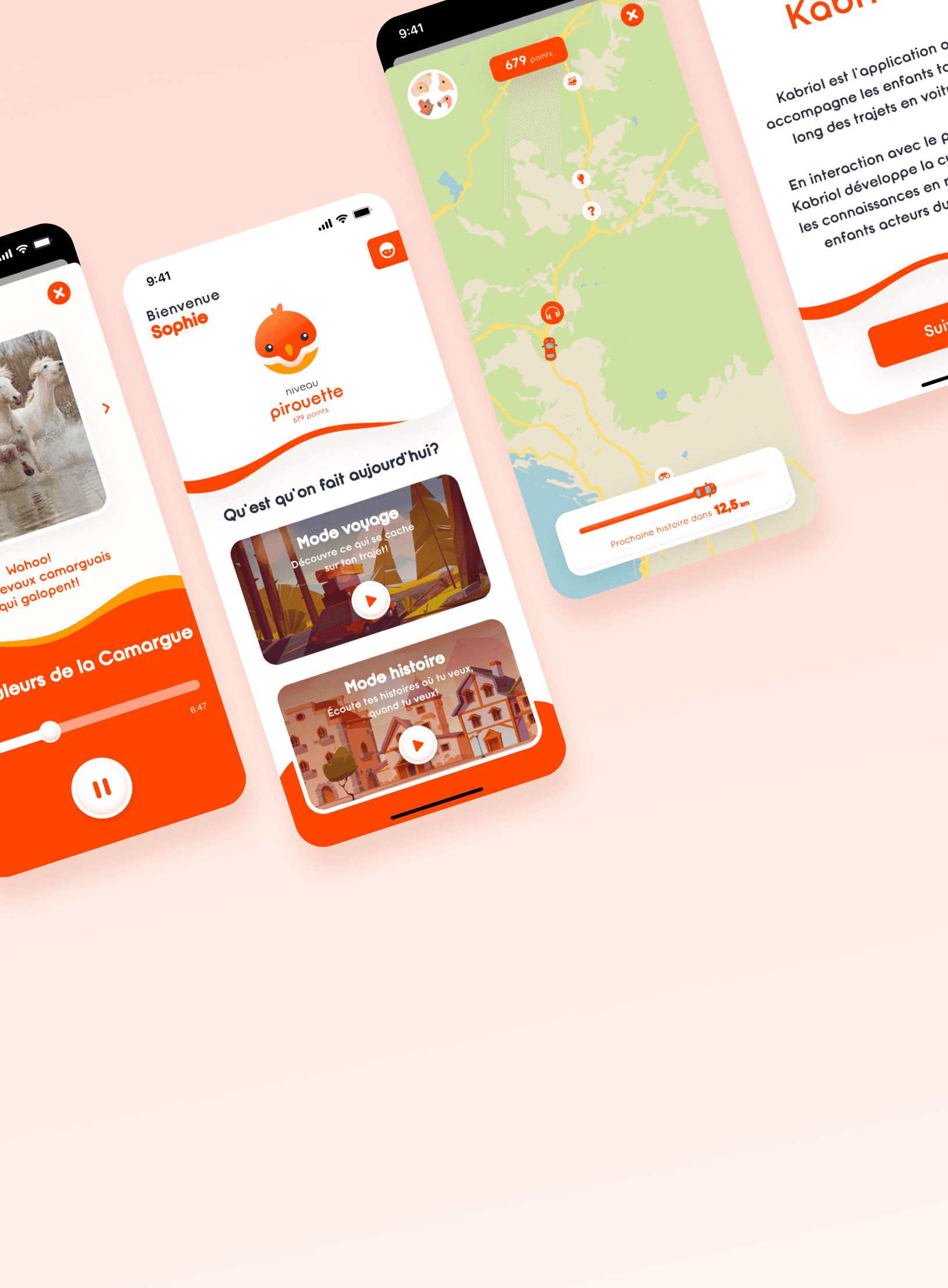 Quatre écrans de l’application Kabriol, affichant la lecture audio de l'histoire, l'accueil, une carte et une explication des modes.