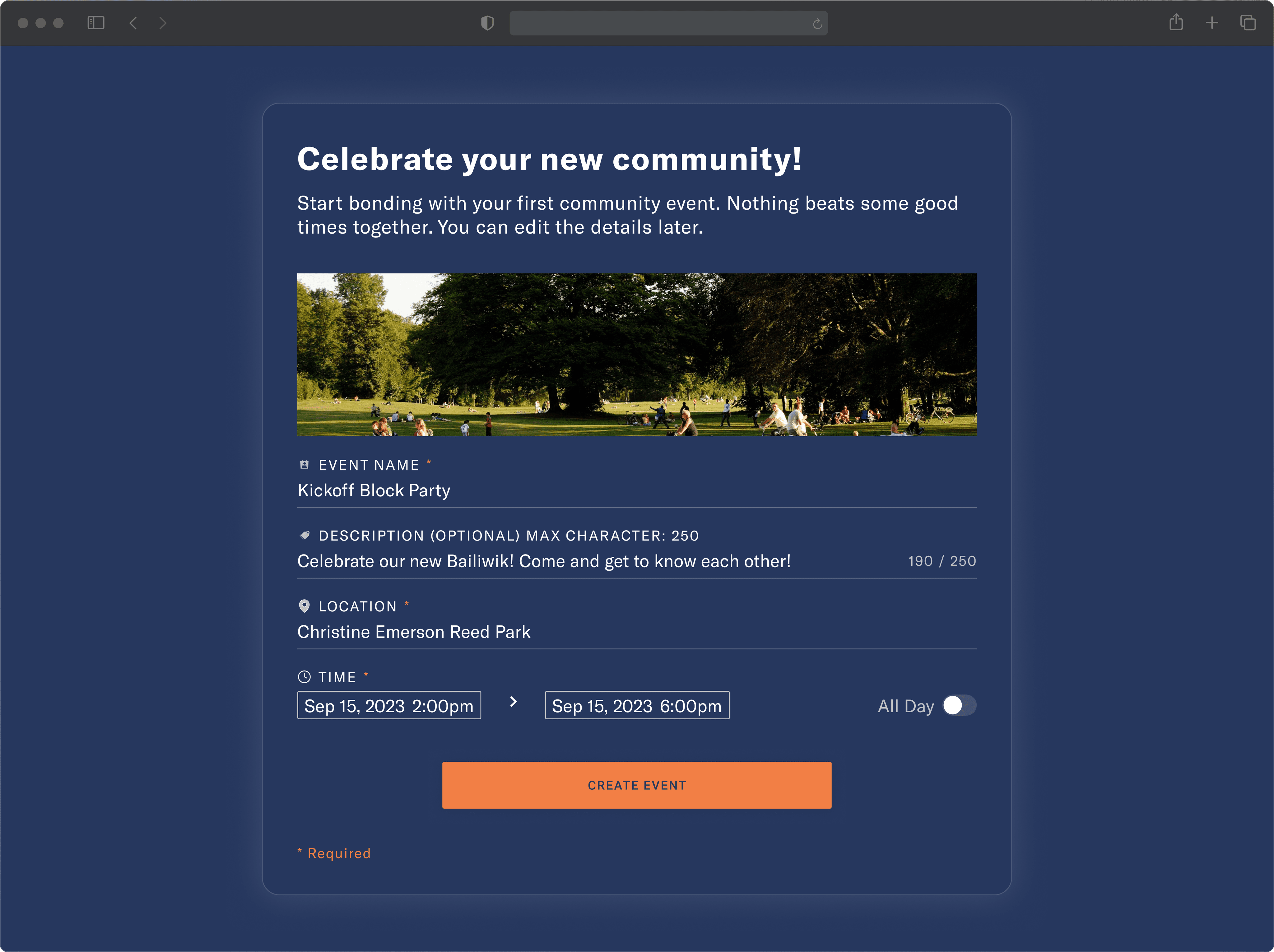 Bailiwik onboarding - create community event